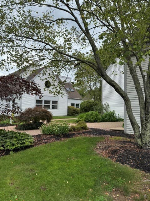White buildings and landscaped grounds viewed through trees
